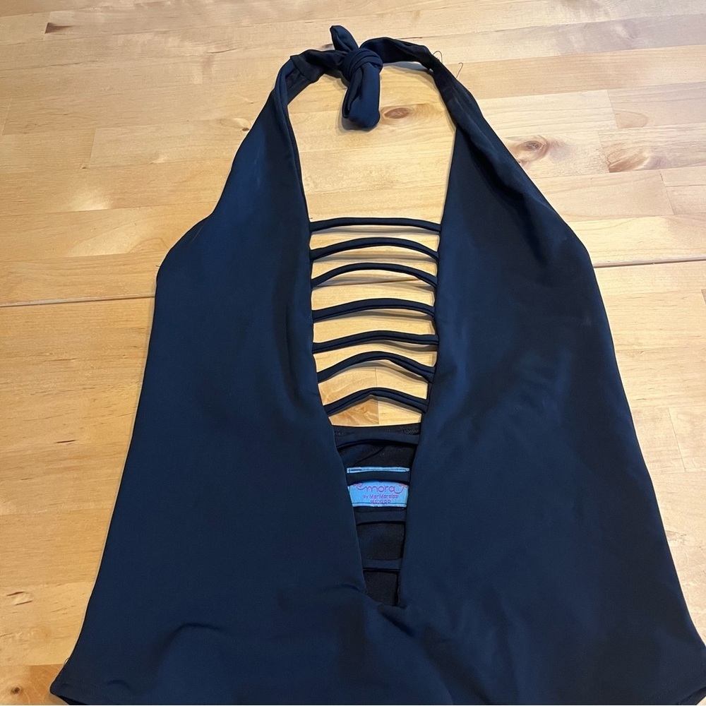 Mora V Neck Size M Halter Black Waist Cut Out One Piece Swimsuit - Picture 2 of 7